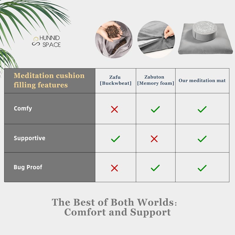hunnidspace طقم وسادة زافو للتأمل مع قشور الحنطة السوداء ورغوة الذاكرة - دعم مريح لليوغا والجلوس - غطاء فخم قابل للإزالة والغسل في الغسالة - للبالغين والأطفال (رمادي) - Image 4